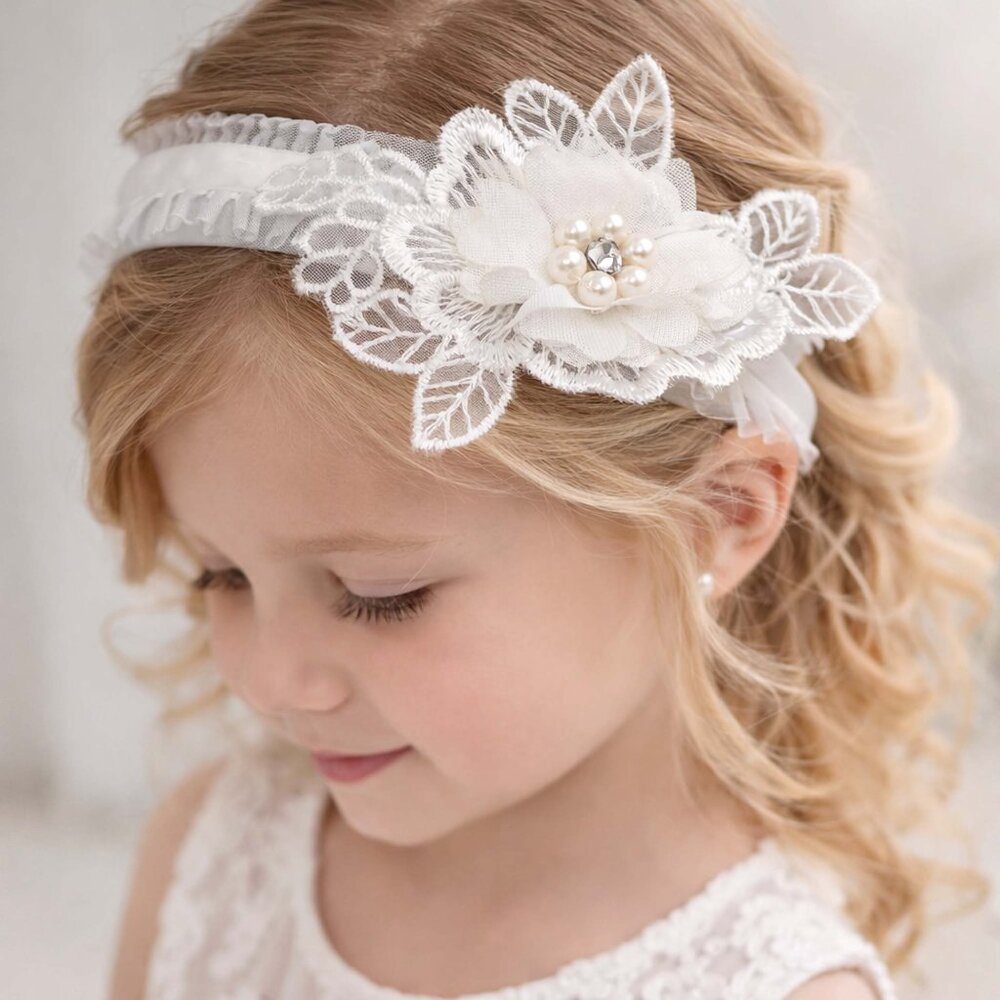White Lace Flower Headband Bridal Wedding Hair Accessory Flower Girl Pageant